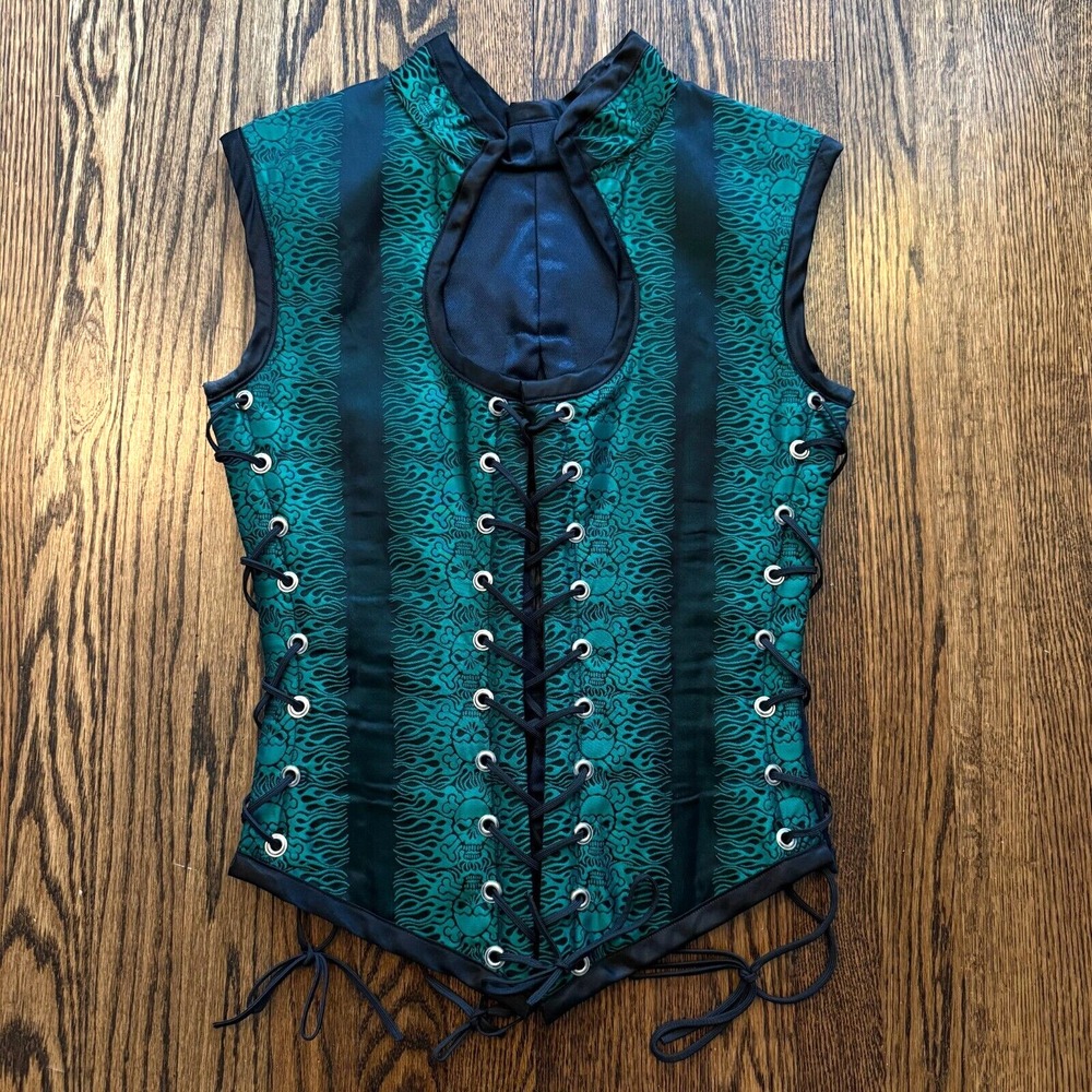 Renaissance Corset Womens Emerald Green Black Lace Up Tie Flaming Skulls Quality